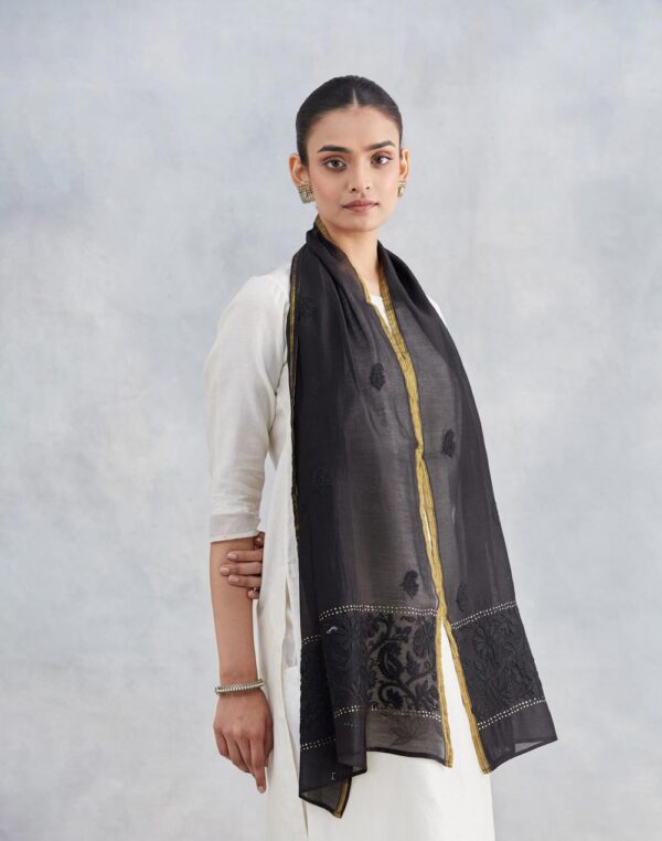 Maroon Cotton Silk Blend Chikankari Stole - Image 2